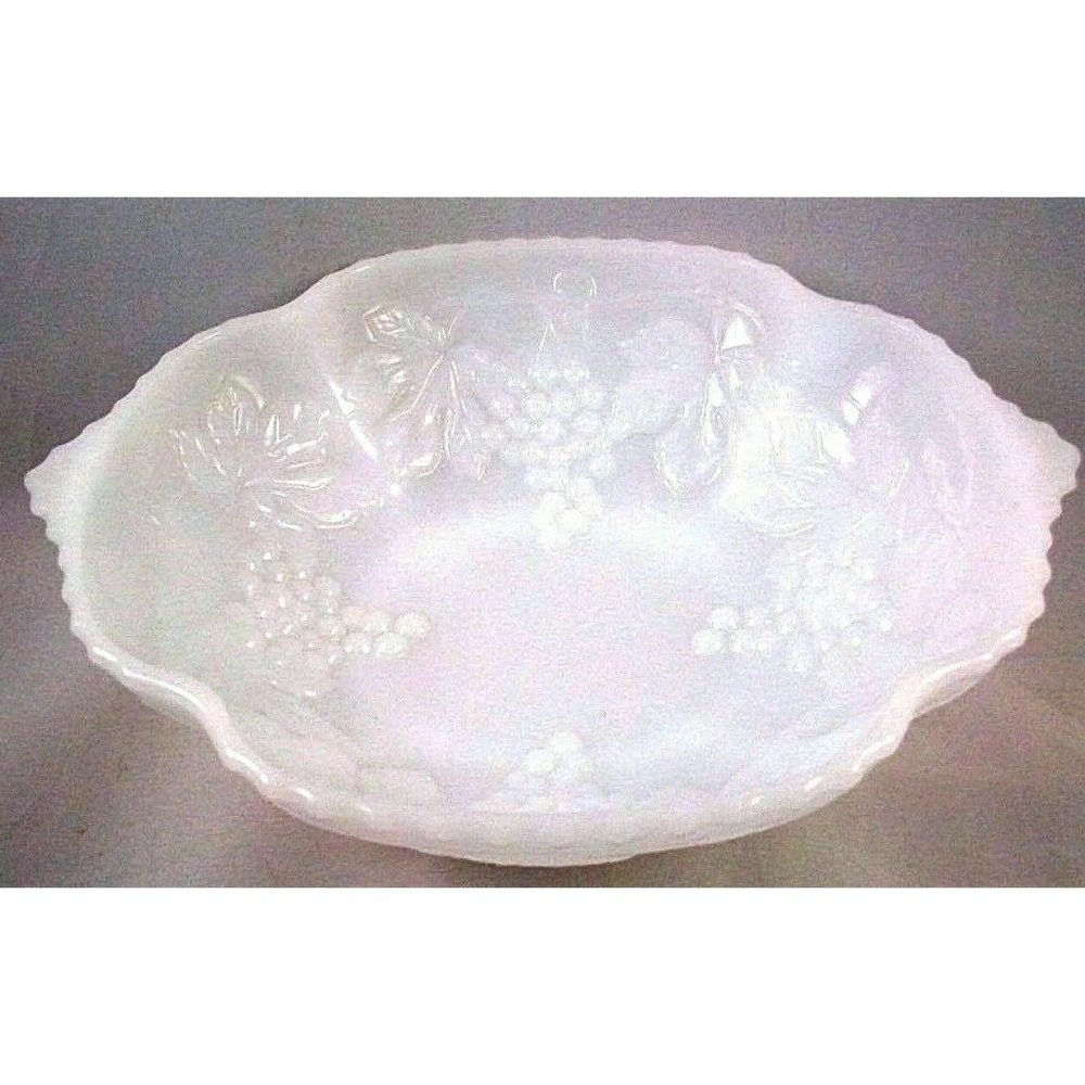 Anchor Hocking White Milk Glass Bowl Dish Grape Pattern 10"